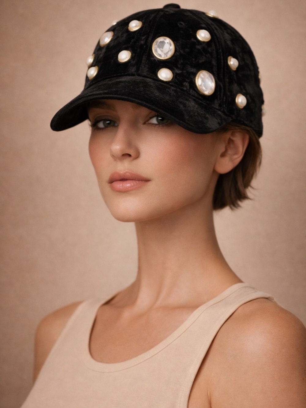 Black Velvet Embellished Hat Pearl Rhinestone Statement Cap Luxury